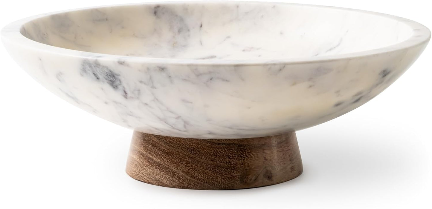 Cork & Mill Marble Decorative Bowl for Home Decor - Handcrafted Natural Stone with Acacia Wood Pedestal - Versatile 11" Catch All for Entryway, Kitchen Fruit Bowl, Potpourri, Dining Table Centerpiece