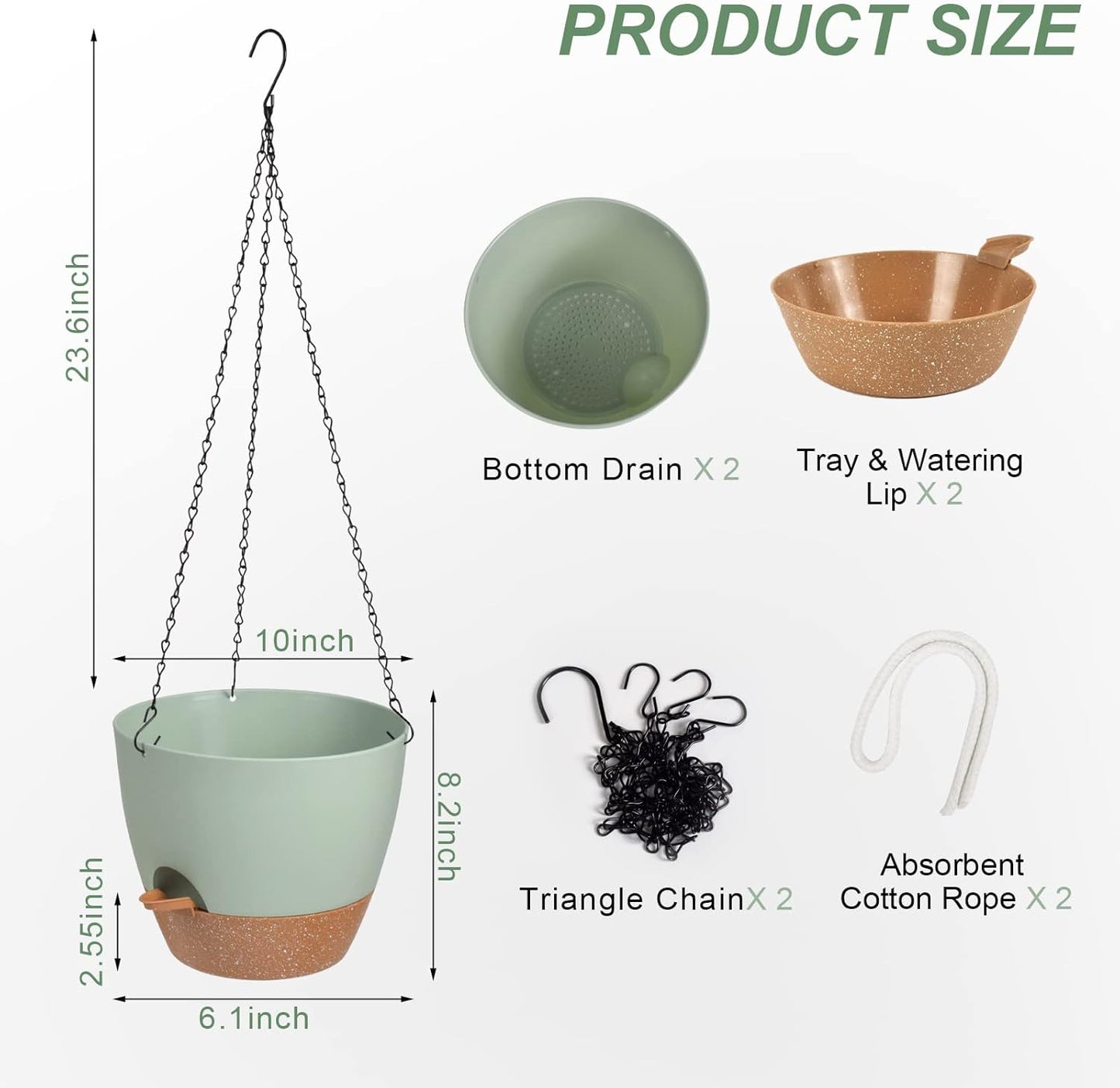 Hanging Planters for Indoor Outdoor Plants, 2 Pack Self Watering Hanging Pot with Drainage Holes & Removable Tray (Green, 10'')