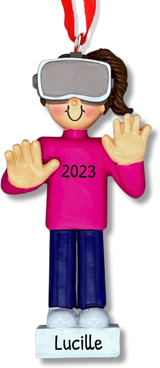 Ornaments by Elves - Personalized Virtual Reality Female Brunette Christmas Ornament - Unique Gift for Gamers Women Sisters - Tree Decoration, Birthday Office Party in a Giftable Packaging