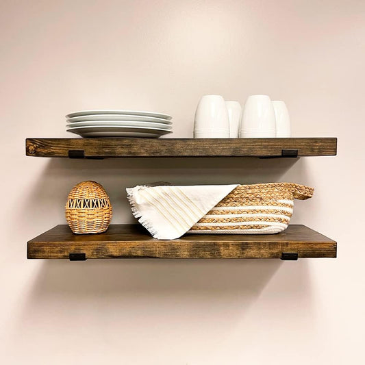 Rustic Shelves with J-Brackets Set of 2, Industrial Shelf, Kitchen Shelves, Solid Wood, Decorative Wall Storage, Heavy Duty, URBANDI (Dark Brown, 12Wx8D)