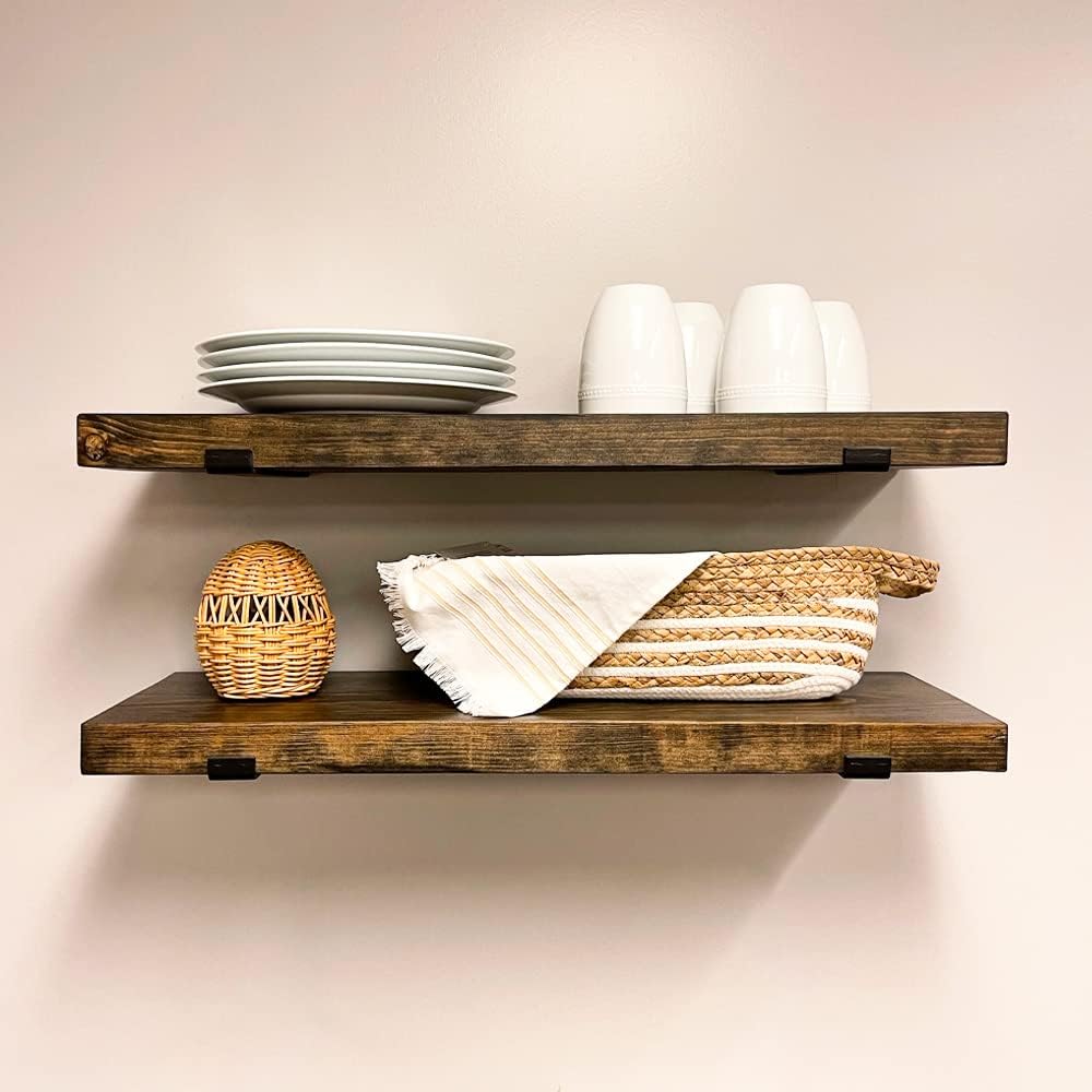 Rustic Shelves with J-Brackets Set of 2, Industrial Shelf, Kitchen Shelves, Solid Wood, Decorative Wall Storage, Heavy Duty, URBANDI (Dark Brown, 48Wx10D)