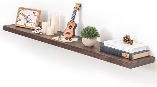 Fun Memories Floating Shelves for Wall, 48"x9.3" Rustic Solid Elm Wood Wall Shelves, Heavy-Duty Mounted Shelves with Invisible Brackets, Set of 2 for Living Room, Bedroom, Kitchen, Walnut Finish