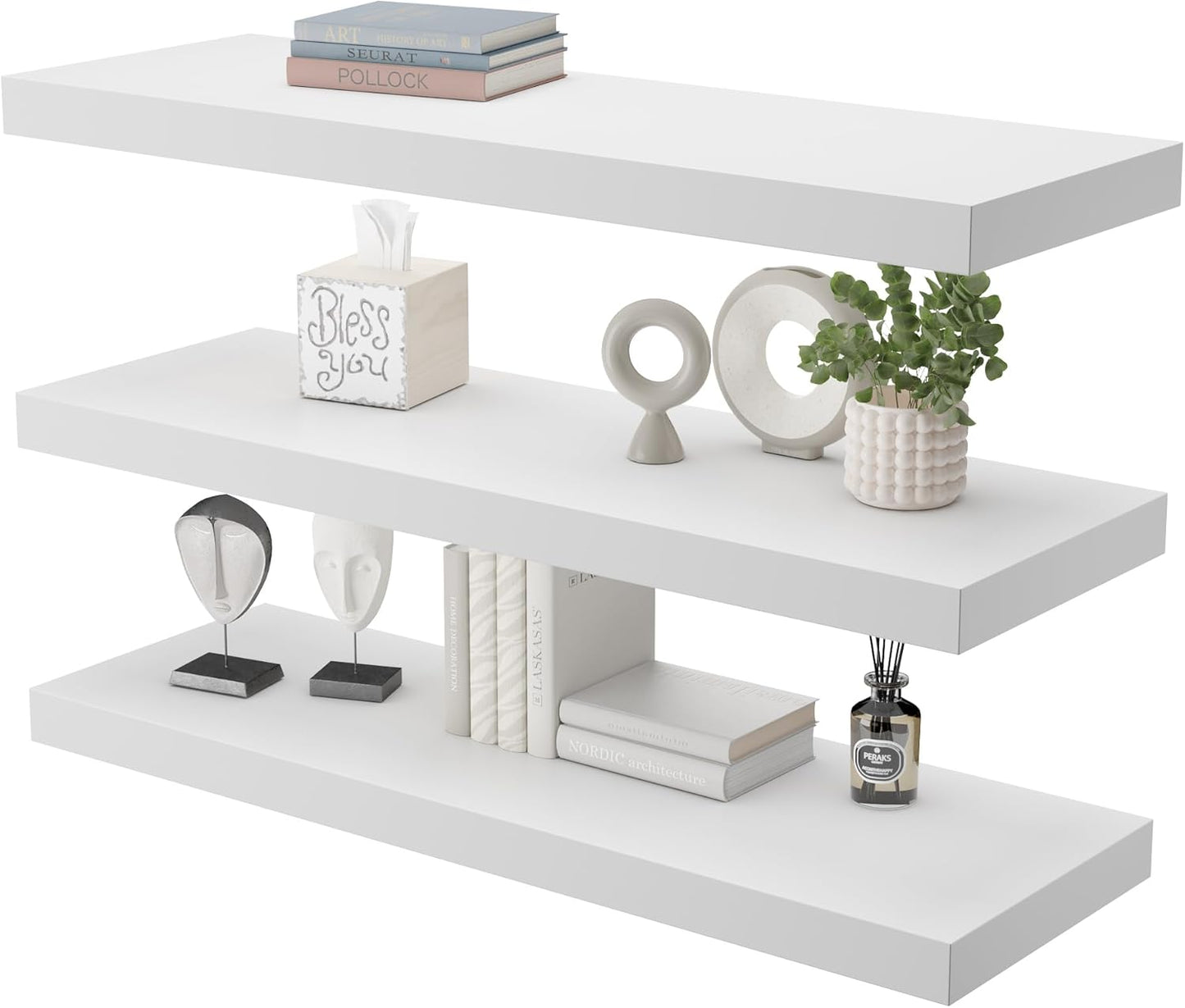 Large Floating Shelves for Wall Set of 3 Wooden Wall Shelves 24 in x 12.75 in x 2 in Room Decor Long Shelf with Invisible Wall Mount Bracket for Bedroom Kitchen Living Room White