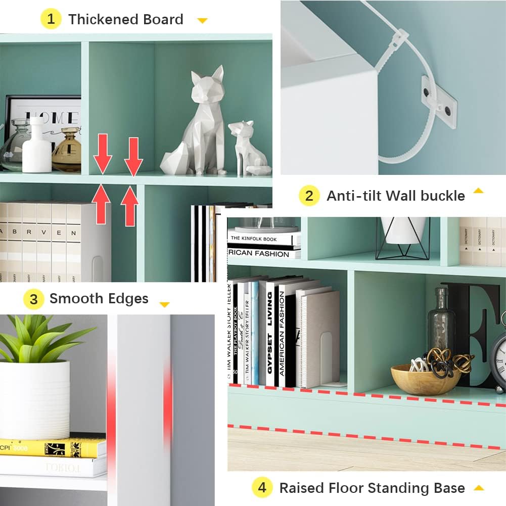 IOTXY Open Shelf Low Bookcase - Wooden 3-Tier Floor Standing Display Cabinet Organizer with Base, 10 Cubes Short Horizontal Bookshelf in Warm White