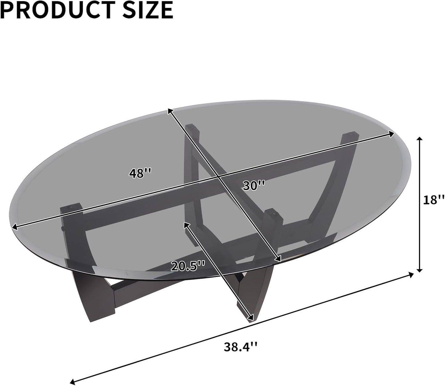 48" Oval Glass Coffee Table with Black Tempered Glass Top Cross and Solid Wood Base Simple & Modern Center Table for Living Room Office Apartment Black