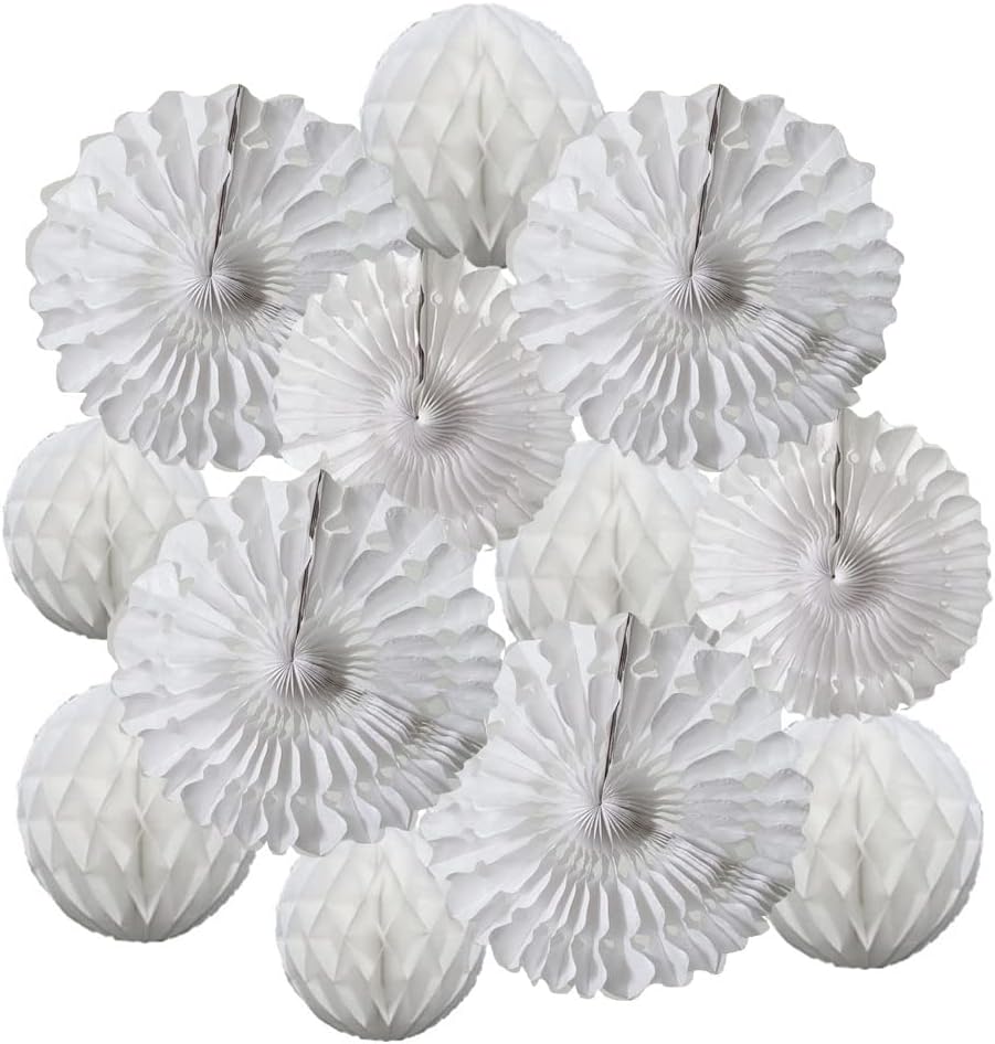 12pcs White Honeycomb Balls Tissue Paper Fans Party Honeycomb Ball Fans wall Decorations Tissue Pom Poms Flower Balls Hanging Paper Fans For Party Baby Shower Birthday Wedding Nursery Decor(white kit)