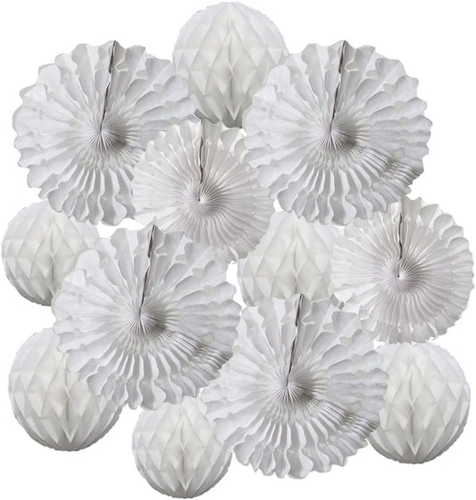 12pcs White Honeycomb Balls Tissue Paper Fans Party Honeycomb Ball Fans wall Decorations Tissue Pom Poms Flower Balls Hanging Paper Fans For Party Baby Shower Birthday Wedding Nursery Decor(white kit)