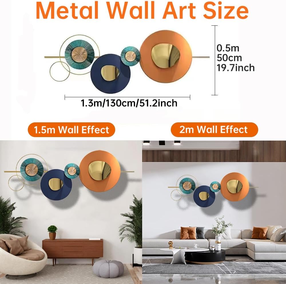 Metal Geometric Round Wall Art Abstract Metal Wall Decor for Living Room, 3D Modern Orange Circle Large Wall Art Circular Wall Decor Hanging Wall Sculptures Artwork for Outdoor Bedroom (Orange)