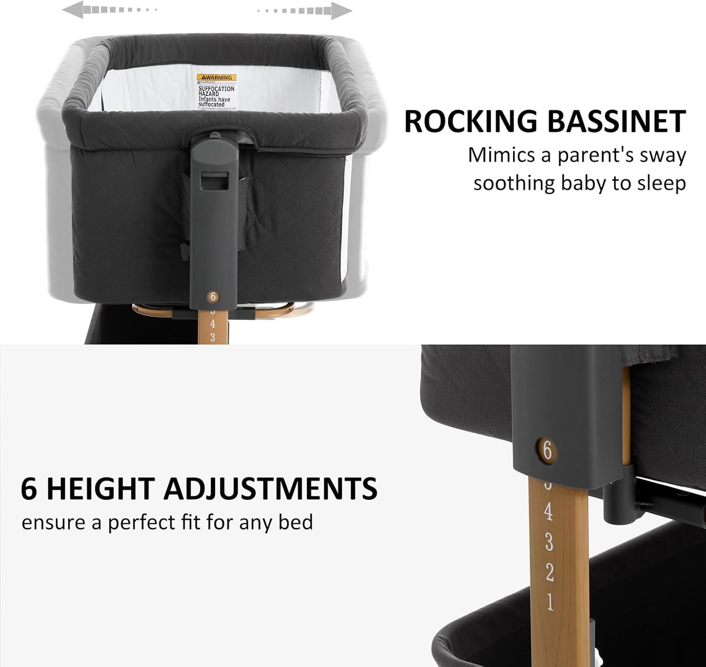 3 in 1 Baby Bassinet, Rocking Bassinet, Bedside Bassinet, 6-Height Adjustable, Bassinet Bedside Sleeper, Bedside Bassient for Baby with Comfy Mattress, Breathable Mesh, Large Storage Basket