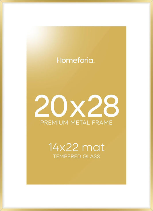 Homeforia 20x28 Picture Frame Gold, High End Metal 20 x 28 Poster Frames with Mat 14 by 22 Photo, 20x28 Gold Frame Matted to 14x22 Print, 28x20 Large Hanging Frames, Tempered Glass, Wall Kit, Set of 1