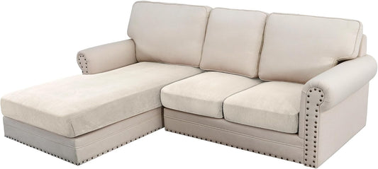H.VERSAILTEX Velvet Stretch Sectional Couch Covers 3 Pieces, L Shape, Ivory Striped (Large Sofa 2 Seater + 1 Chaise)
