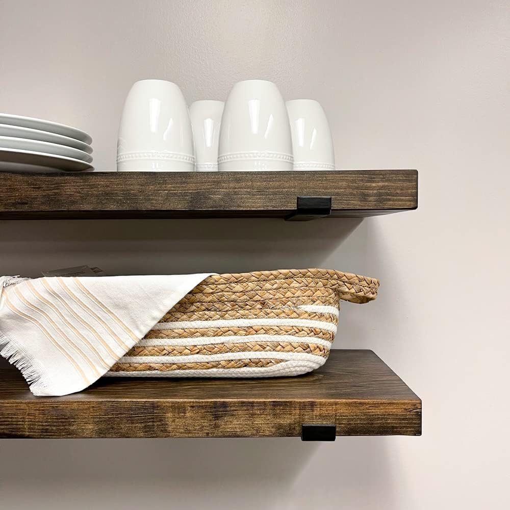 Rustic Shelves with J-Brackets Set of 2, Industrial Shelf, Kitchen Shelves, Solid Wood, Decorative Wall Storage, Heavy Duty, URBANDI (Dark Brown, 24Wx8D)