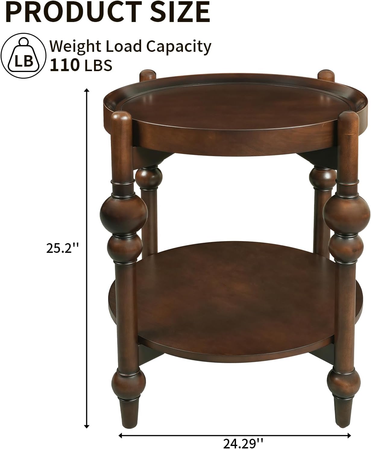 23" Round End Table, Mid Century Modern Side Table with Solid Wood Frame and Top, Small Night Stand for Living Room Office Apartment, Walnut