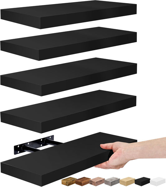 Sorbus Floating Shelves for Wall, Bathroom Shelves Wall Mounted for Kitchen, Bedroom, Living Room, Bathroom Storage, Over Toilet, Hanging Book Shelf for Ｗall Home Decor (Black, 5 Pack)