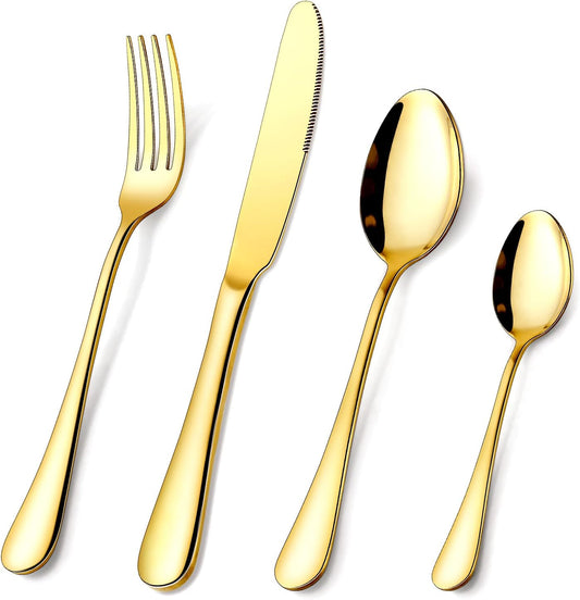 Gold Silverware Set, OGORI 24-Piece Food Grade Stainless Steel Gold Flatware Set, Kitchen Utensil Set Service for 6, Mirror Polished Tableware Cutlery Set for Home and Restaurant, Dishwasher Safe