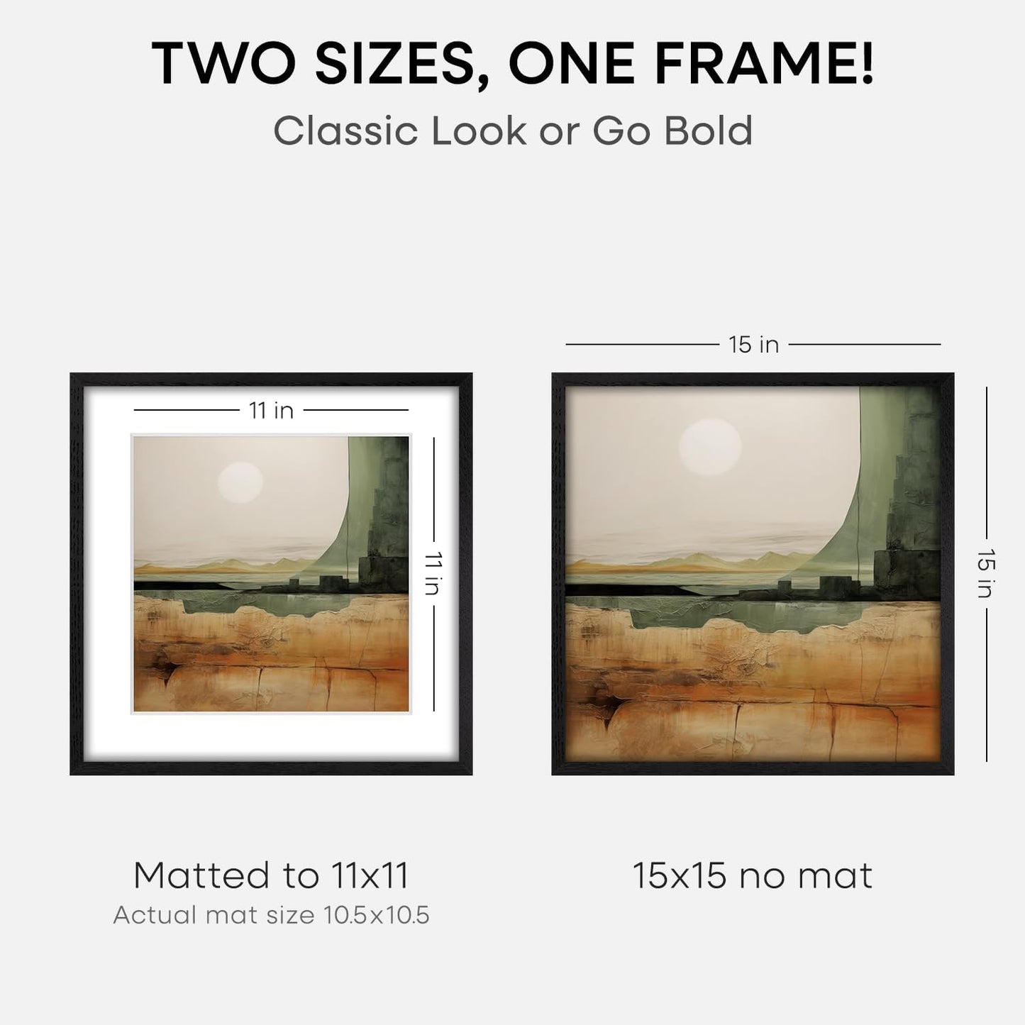Homeforia 15x15 Black Wood Frame, High End Oak 15 x 15 Square Picture Frames with Mat 11 by 11 inches Photo, 15by15 Black Wooden Poster Frames Matted to 11x11 Print, Tempered Glass, Wall Kit, Set of 1