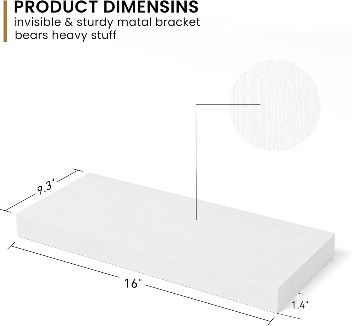 Fun Memories Deep Floating Shelves - 16" W x 9" D x 1.6" H Rustic White Wall Shelf - Wall Mounted Shelves for Storage - Wooden Shelves with Invisible Brackets for Living Room, Farmhouse - Set of 2