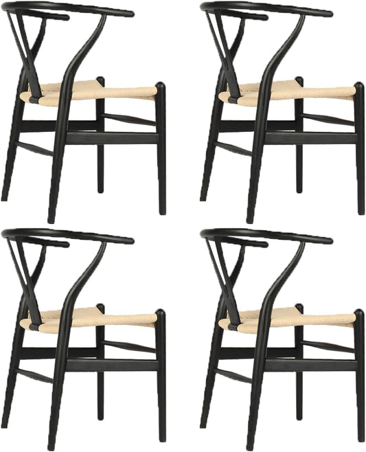 Tomile Solid Wood Wishbone Chair Y Chair Mid-Century Armrest Dining Chair, Hemp Seat (Ash Black + Natural Rope, Pack of 4)