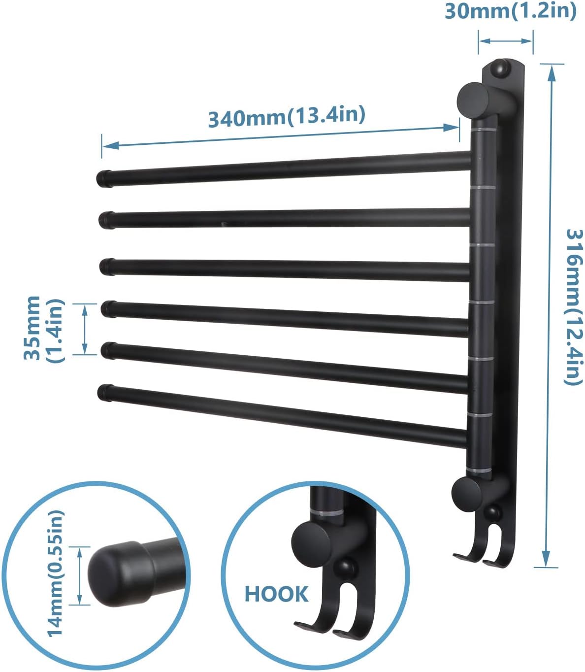 Space Saving Towel Rack JSVER Black Space Saving Towel Holder, Towel Rack Wall Mounted, Swivel Hand Towel Holder, 6-Arms Towel Bar, Towel Racks for Bathroom