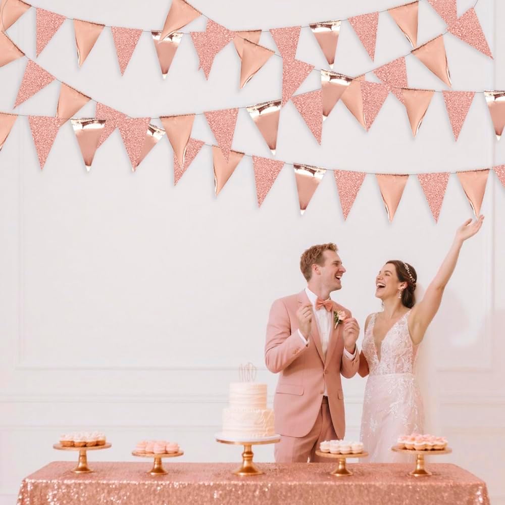 30Ft Rose Gold Party Decoration Rose Pink Triangle Pennant Banner Blush Pink Hanging Paper Flag Bunting for Graduation Wedding Bridal Shower Birthday Bachelorette Engagement Anniversary Party Supplies