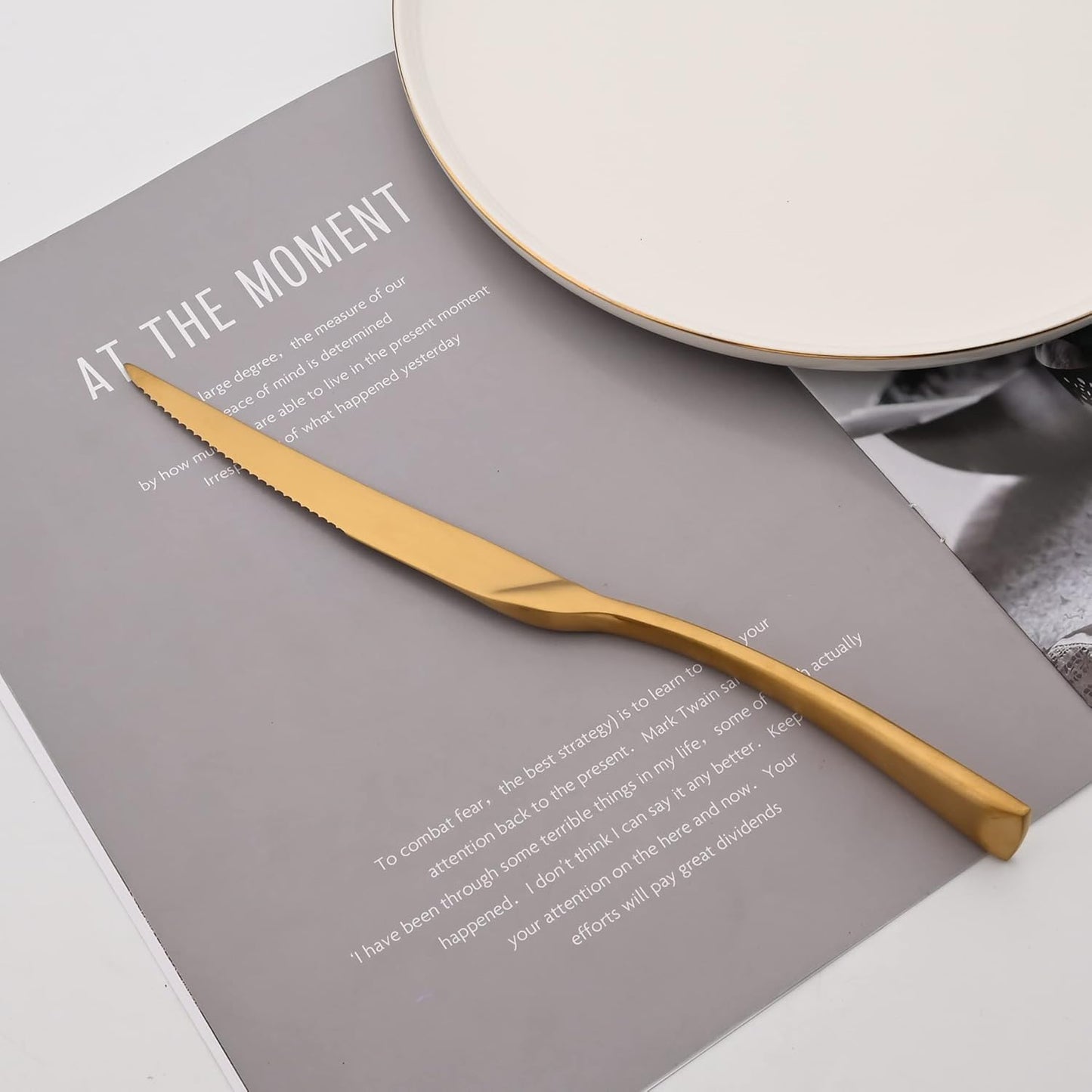 Golden Silverware Set, 6 Pieces 304 Stainless Steel Eating Utensil Set with Gift Box, Include Knife, Forks and Spoons, Matte Polished Flatware Set for 1, Dishwasher Safe, Gold