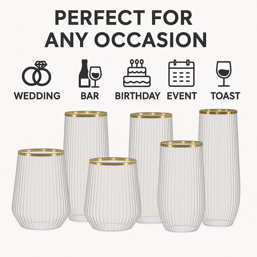 24 Pack Ribbed Origami Ripple Plastic Glasses, 12-9 Ounce Stemless Champagne Flutes & 12-12 Ounce Cups, BPA-Free Disposable Shatterproof Toasting Glasses for Weddings, Bars, and Events (Gold Rim)