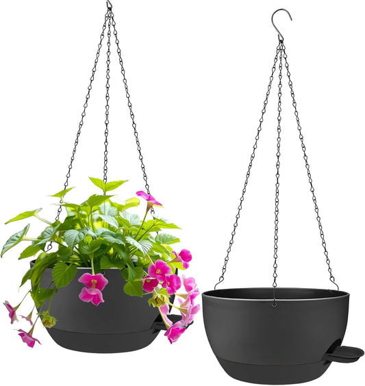 2 Pack Hanging Planters for Indoor Outdoor Plants, 12 Inch Self Watering Hanging Pot with Drainage Holes and Saucer, Plastic Plant Pots, Black Flower Pots for Kitchen, Balcony, Garden