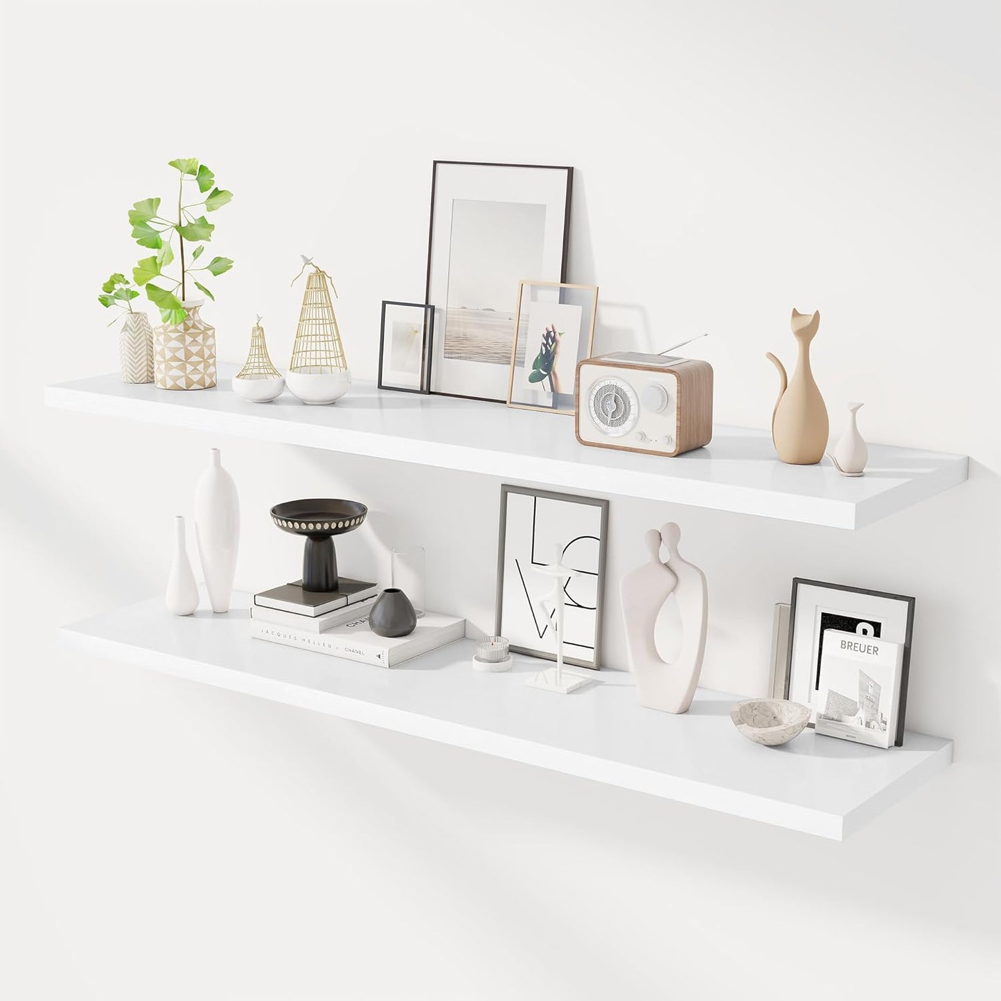 55" Floating Shelves for Wall, 12" Deep Slim White Floating Shelves, Wall-Mounted Shelves for Bedroom, Living Room, Kitchen, Bathroom - Set of 2