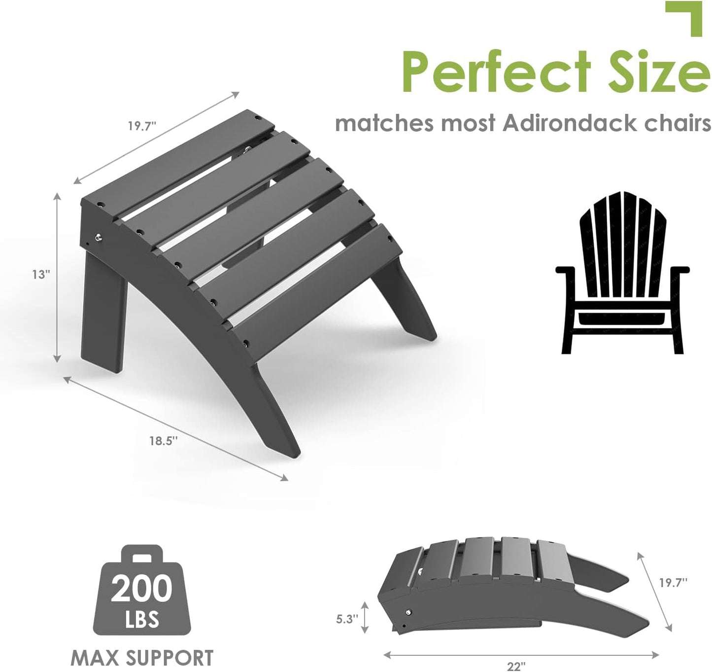 GREENVINES Adirondack-Ottoman | Set of 2 | HDPE Plastic | Outdoor Footrest | All Weather | Foot Rest | Foot Stool | Grey | for Adirondack Chair | for Patio Backyard Pool