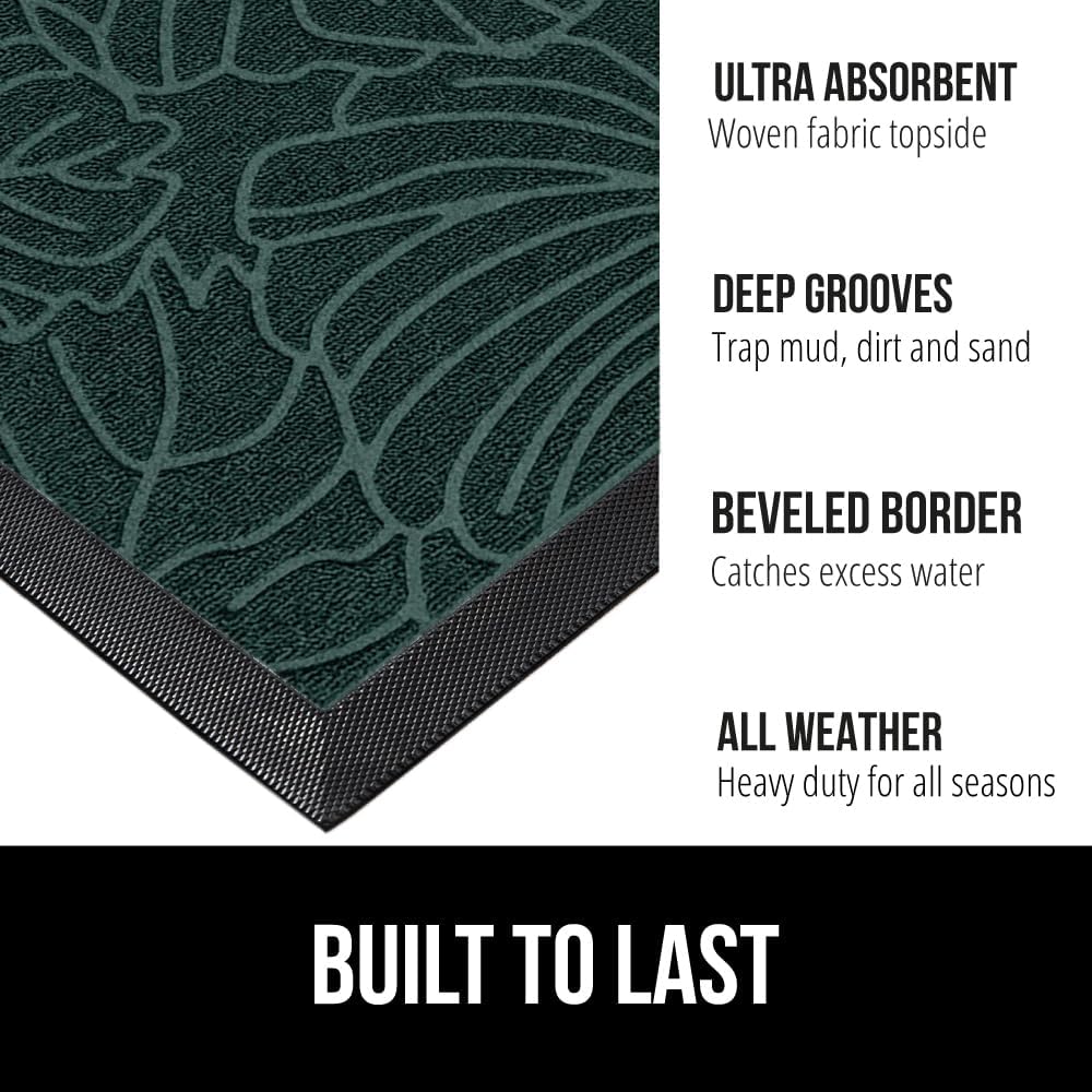 GORILLA GRIP 100% Waterproof All-Season WeatherMax Doormat, 60x24, US Designed Natural Rubber, Stain and Fade Resistant, Low Profile Indoor Outdoor Door Mats, Easy Clean Patio Mat, Green Palm