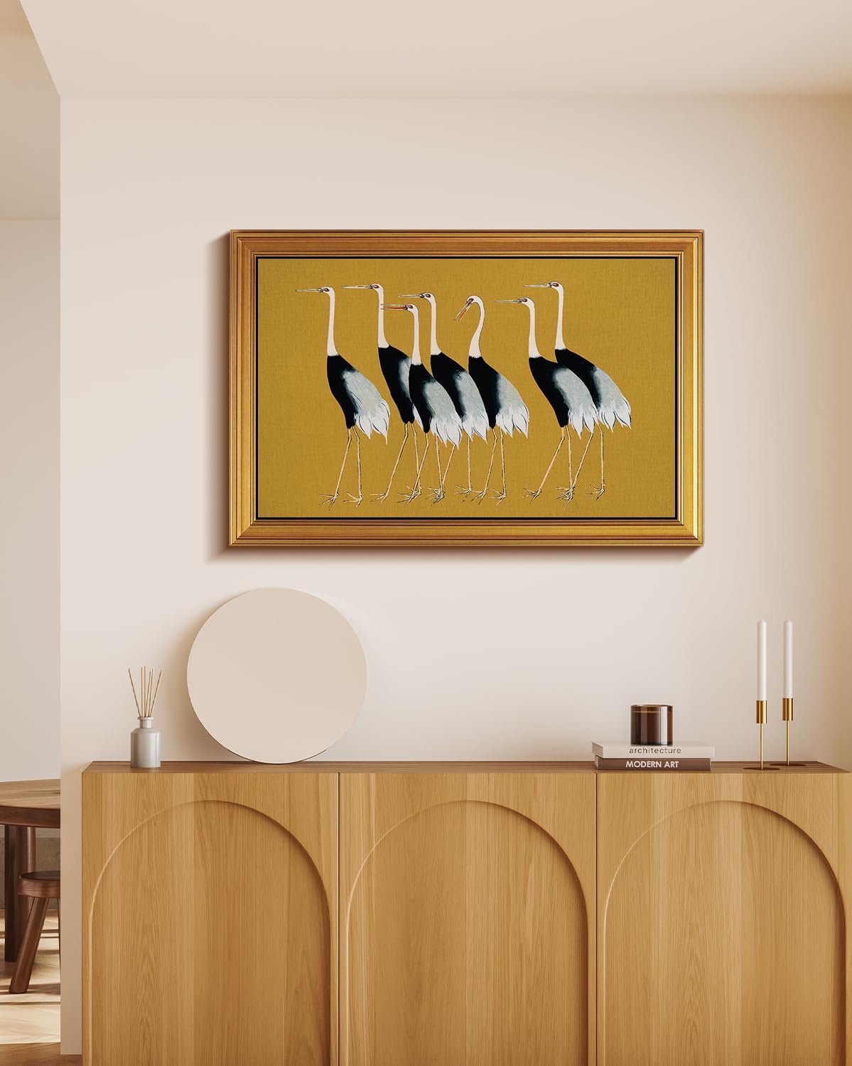 HUARCEY Gold Framed Vintage Wall Art for Living Room, Animals Painting Prints Large Decor for Kitchen, Aesthetic Bedroom Wall Art Decor, Christmas Gifts for Friends or Family (Seven Cranes 24"x36")