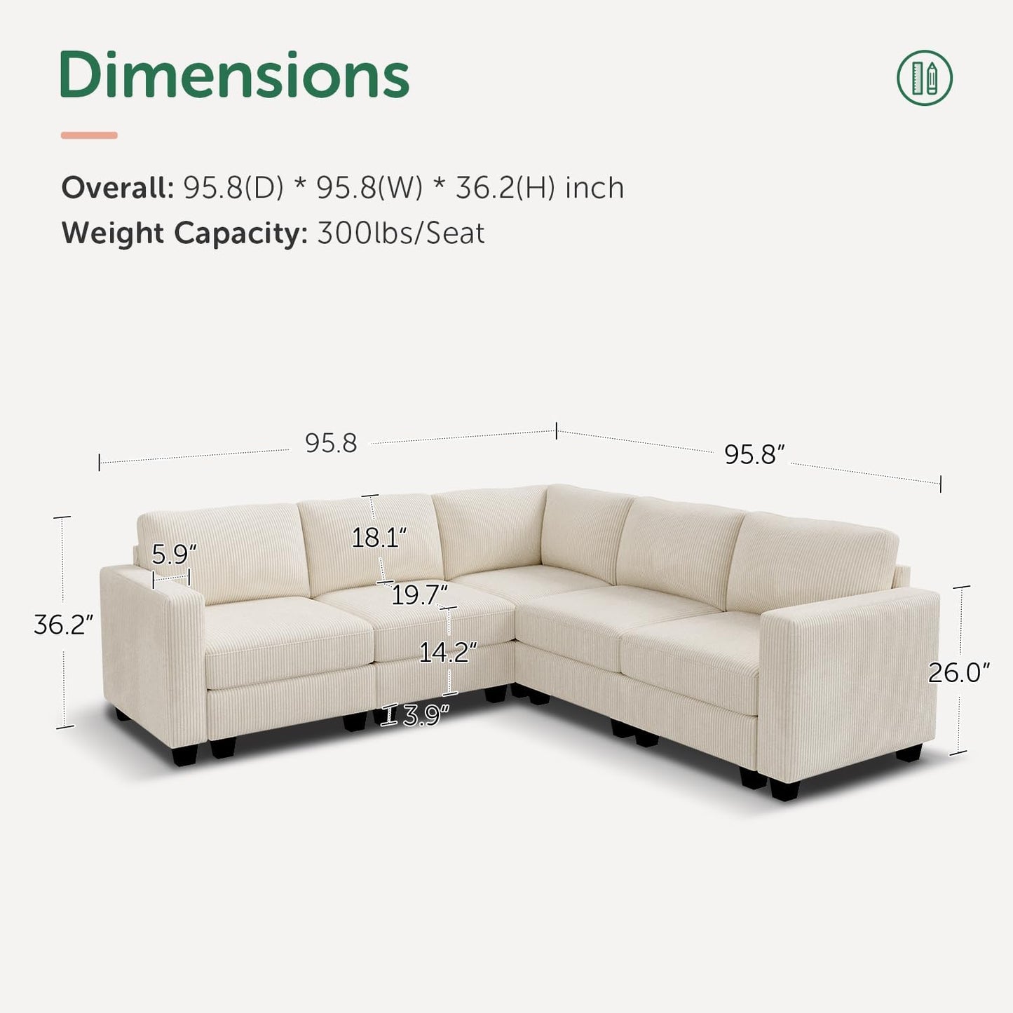HONBAY Corduroy Modular Sectional Sofa with 5 Seaters, Sectional Corner Sofa with Chaise, L Shape Couches for Living Room, Beige