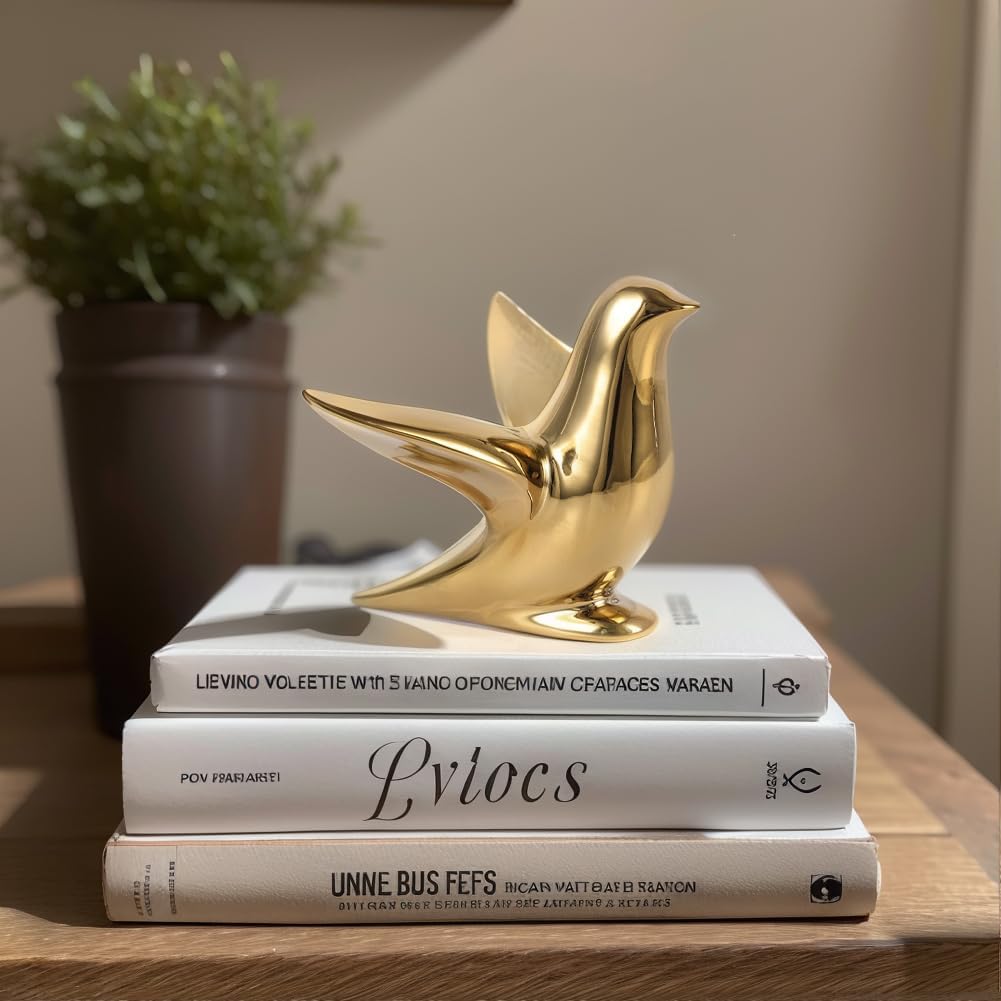 Gold Decor Accents – Modern Gold Ceramic Bird Figurine, 5.1in Decorative Bird Statue for Shelf, Table or Bathroom, Small Animal Sculpture Gift for Bird Lovers, Bird Room Decor