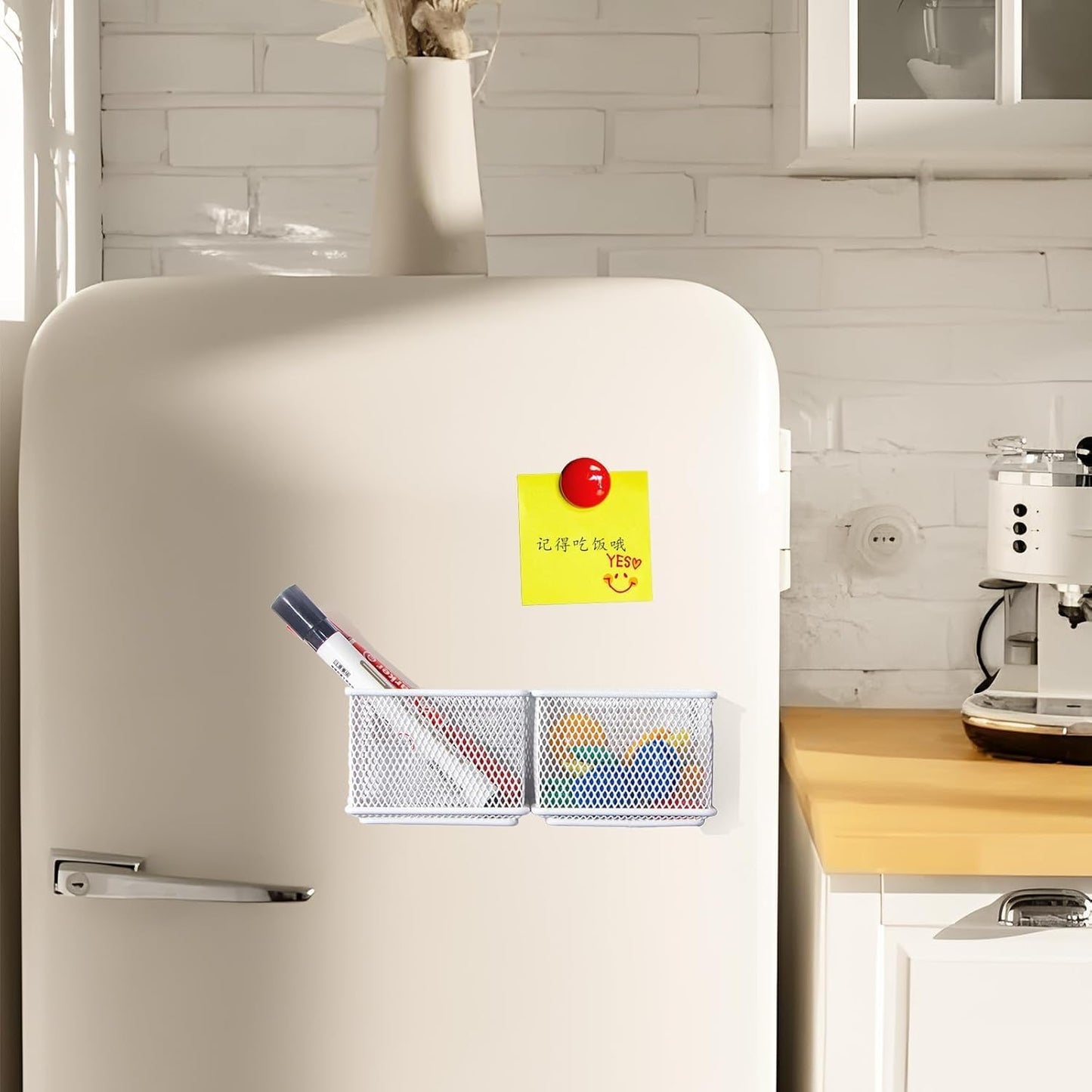 White Magnetic Basket, Magnetic Pencil Holder for whiteboard, Wire Mesh Magnetic Refrigerate Organizer, Magnetic shelf Desktop Storage, 3.42'' x 2.36'' x 2.55'',Set of 4