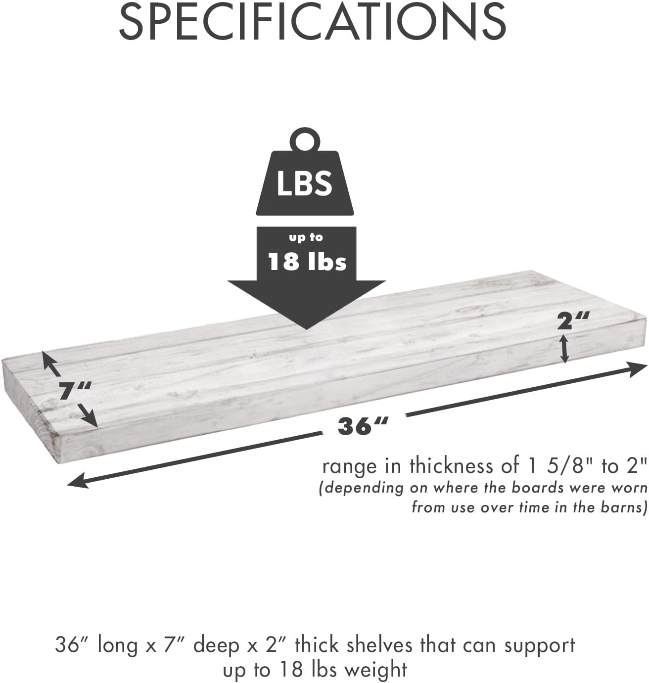 Urban Legacy Reclaimed Barnwood Planks | Floating Shelves for Wall w/Flush Mount Shelf Bracket Set Included | Set of 2 (White Wash, 36" x 7"x 2")