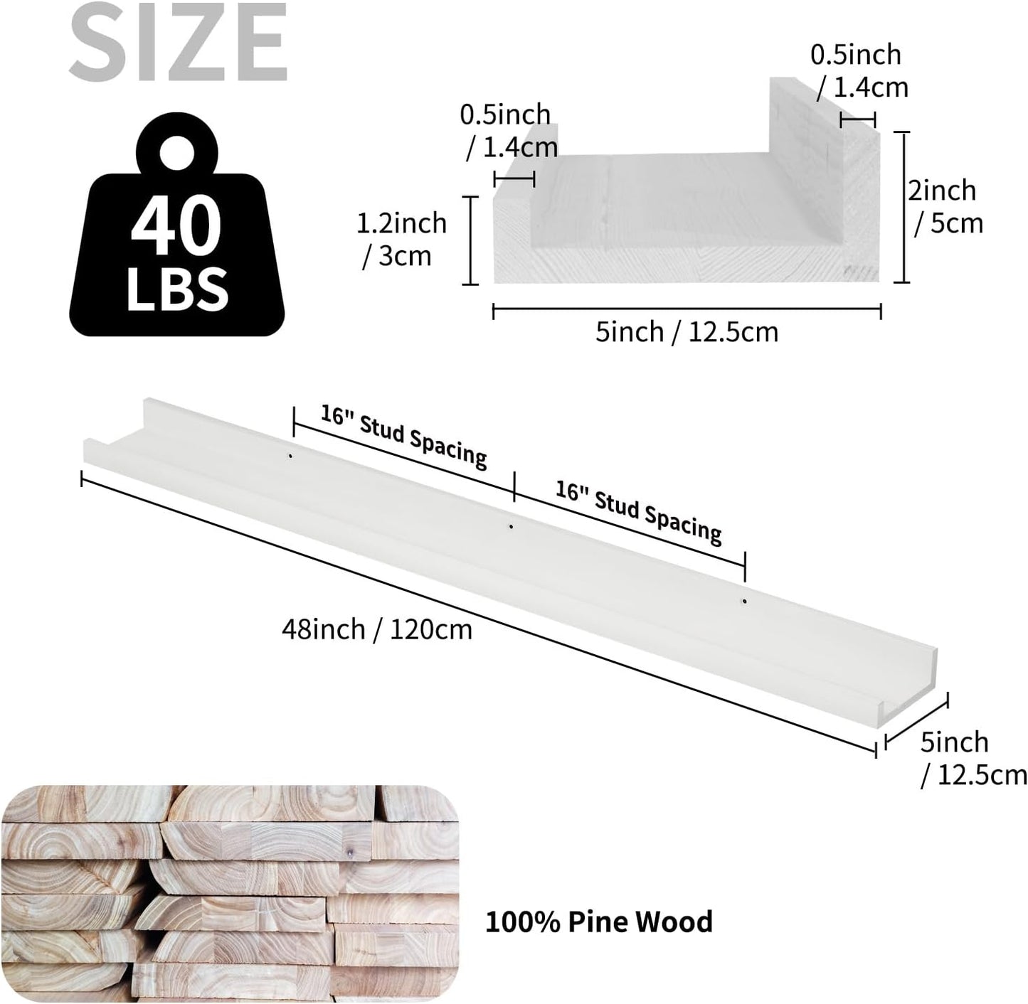 SAUMONIERES Picture Ledge Shelf Floating Book Shelves Set of 2 Wall Mounted Solid Wood for Bedroom Bathroom Living Room Kitchen, 48 Inch White