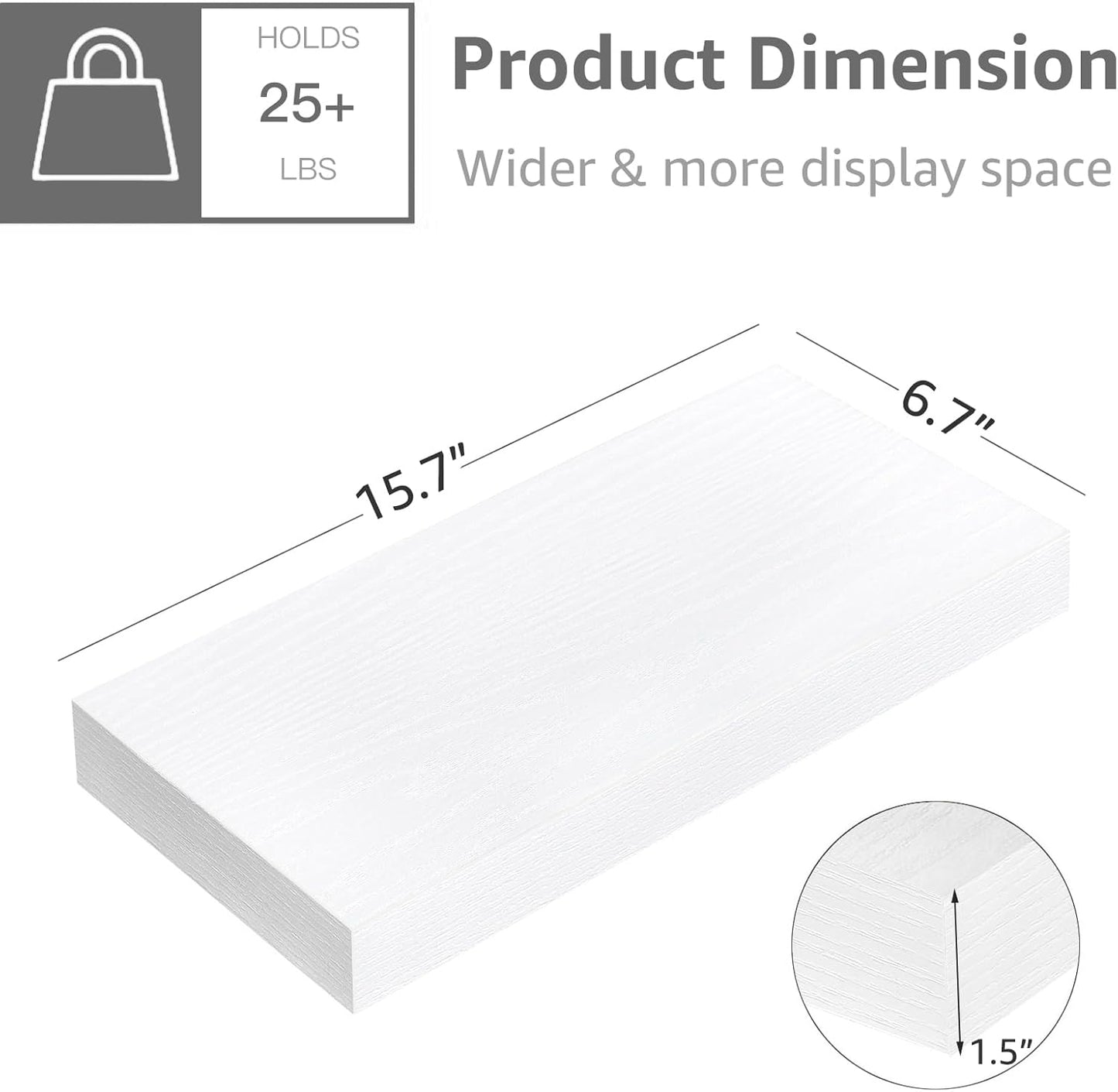 QEEIG Floating Shelves for Wall Bathroom Shelf Bedroom Kitchen Living Room Farmhouse Small Book Shelf 16 inch Set of 2, White (015-W2)