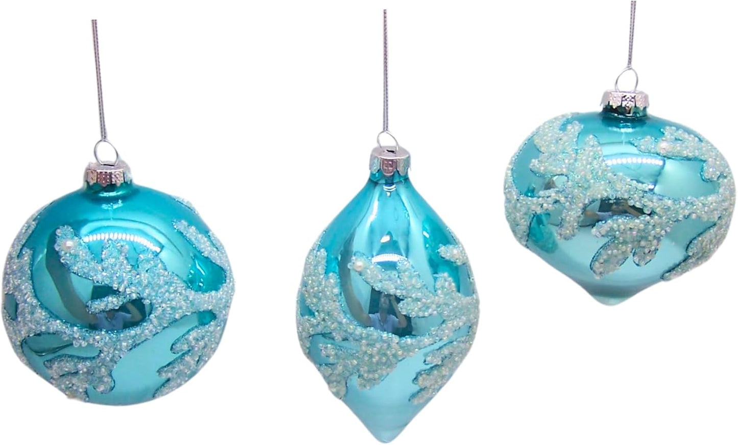 Glittery Blue Glass Coral Christmas Ornaments, Set of 3