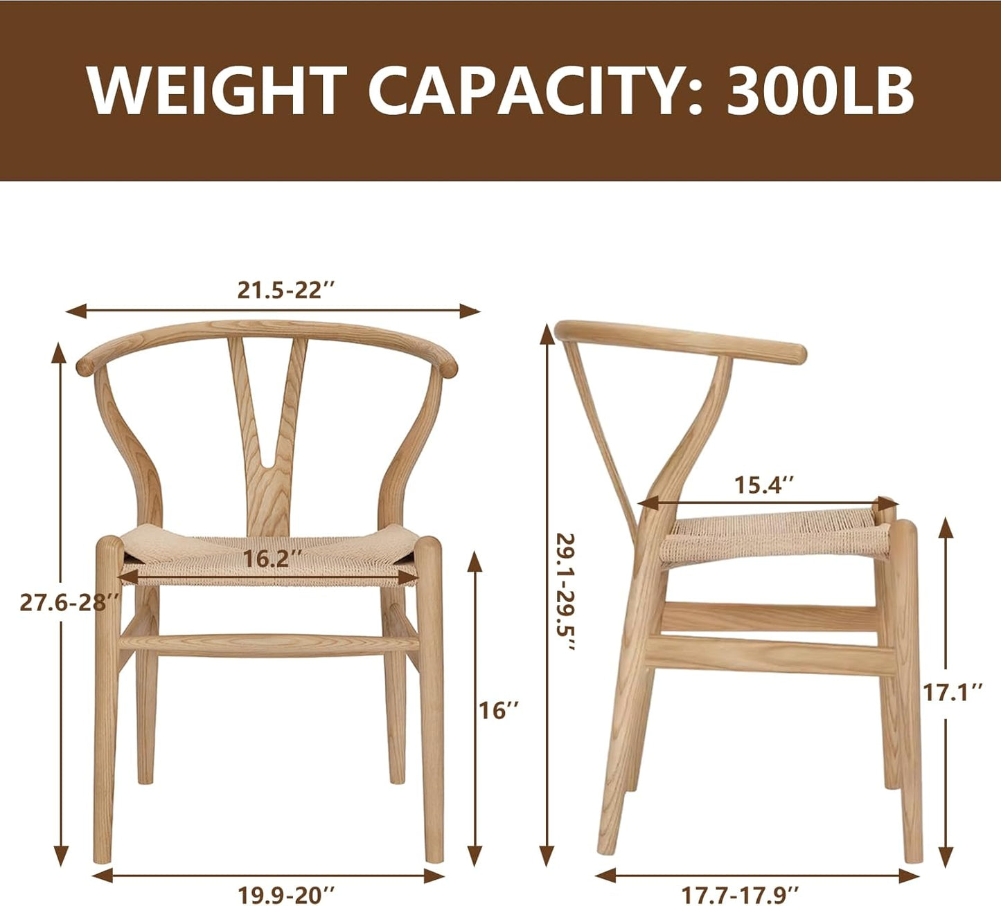 Wishbone Chair Natural Solid Wood Dining Chair/Hans Wegner Y Chair Rattan and Wood Accent Armrest Chairs - Ash Wood Chairs (Ash Wood + Natural Color)