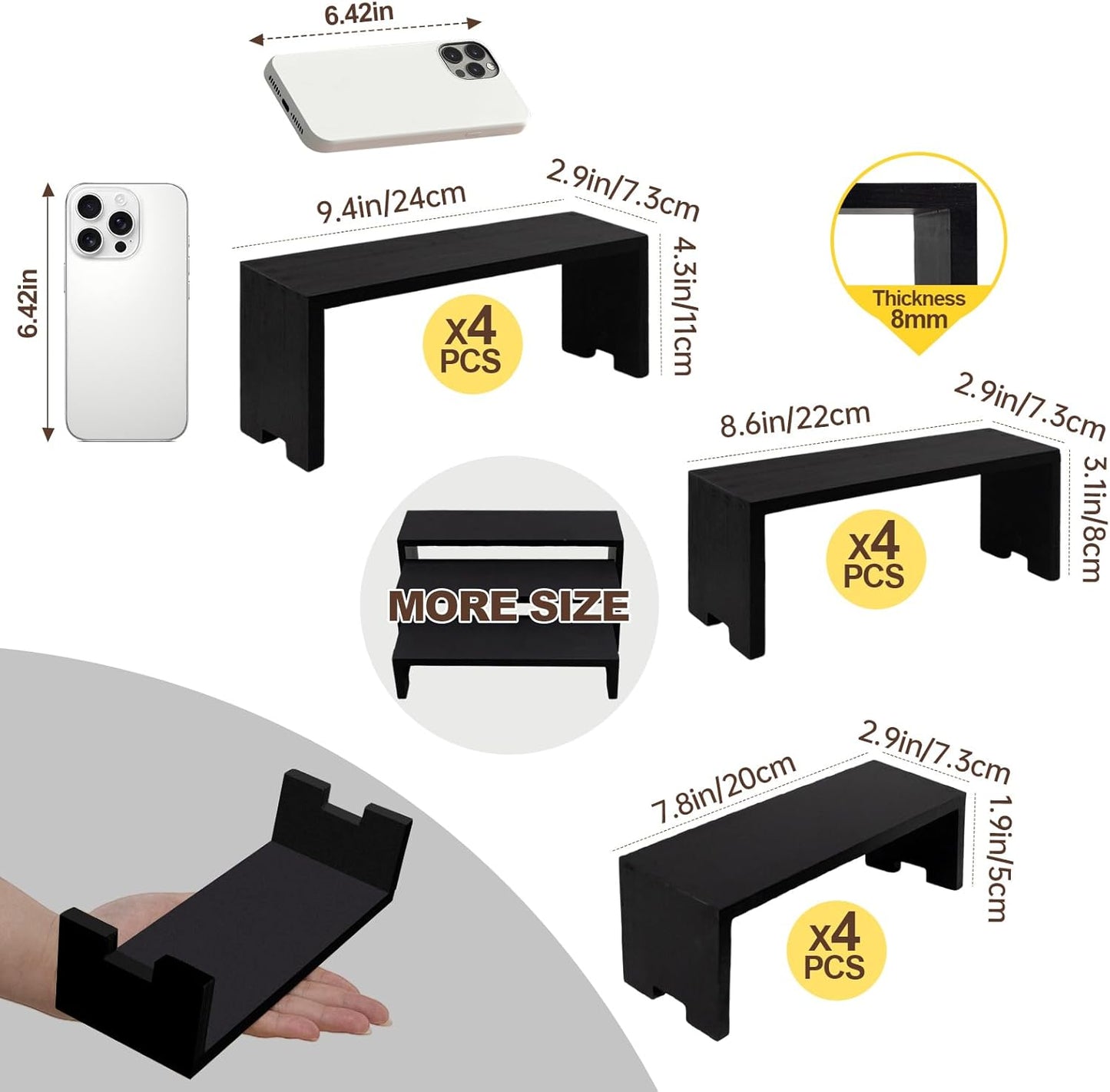 Display Wood Risers Wooden Stand 3 Tier 4 Set 12 Pieces Wood Racks Decorative Rectangular, Cupcake Stands Cologne Perfume Organizer Showcase Items(New Black)