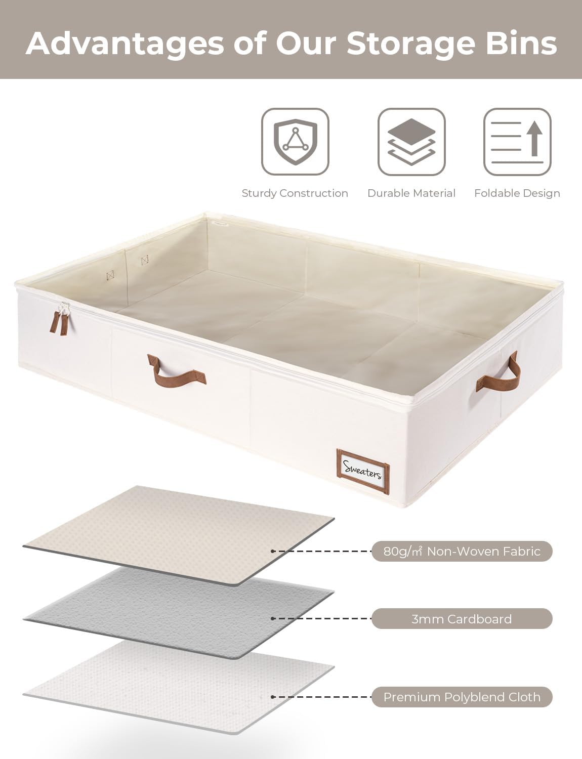 StorageWorks 117L Under Bed Storage Containers with Handles and Label Holder, 2 Pack Ultra-thick Fabric Underbed Bins, Closet Organizer for Clothes, Blankets, Sweater