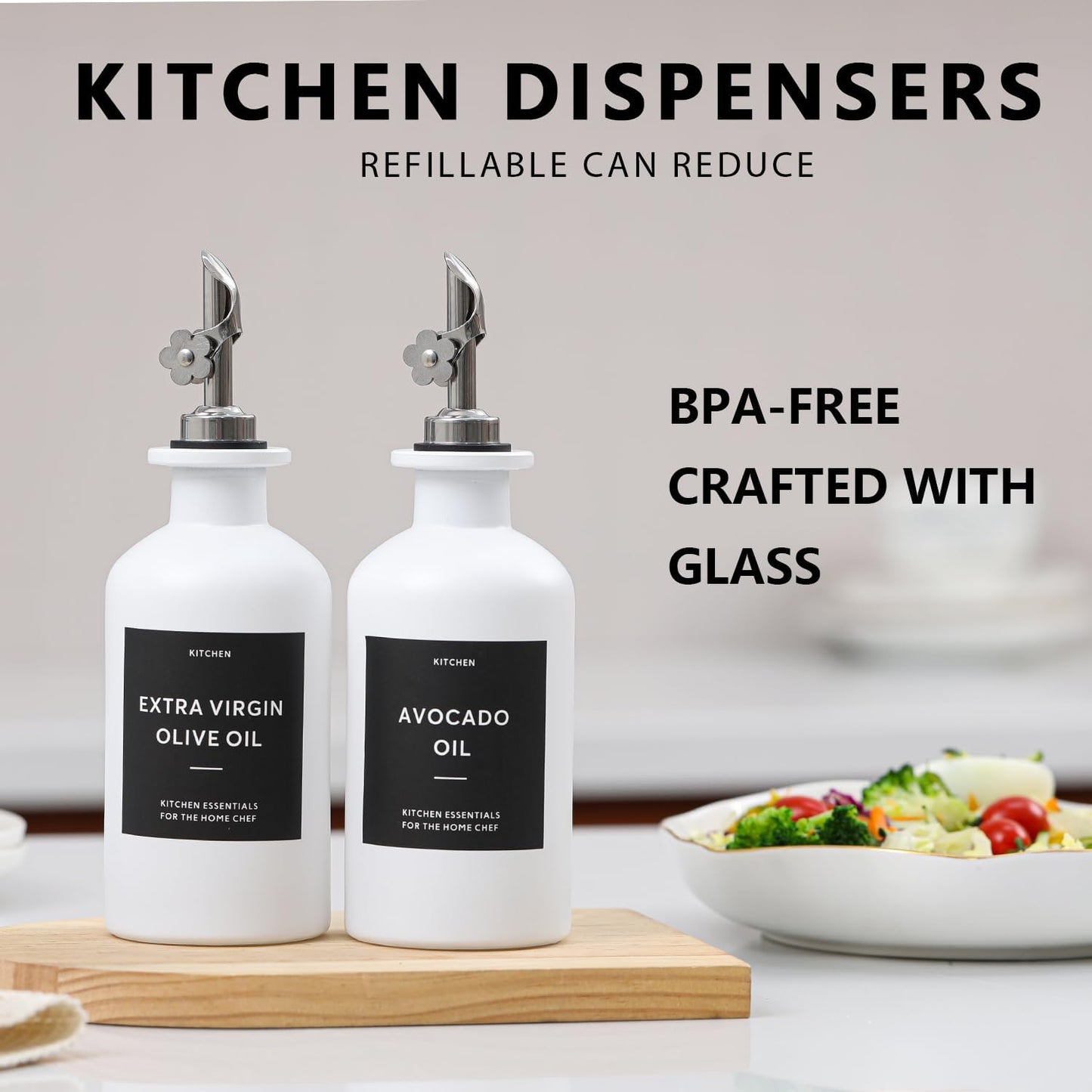 HOMCDALY Olive Oil Dispenser for Kitchen, 11.8oz Glass kitchen Dispenser Bottle, White Oil&Vinegar Cruet Set, Leakproof Oil Bottle for Cooking| Set of 2 (11.8oz – White)