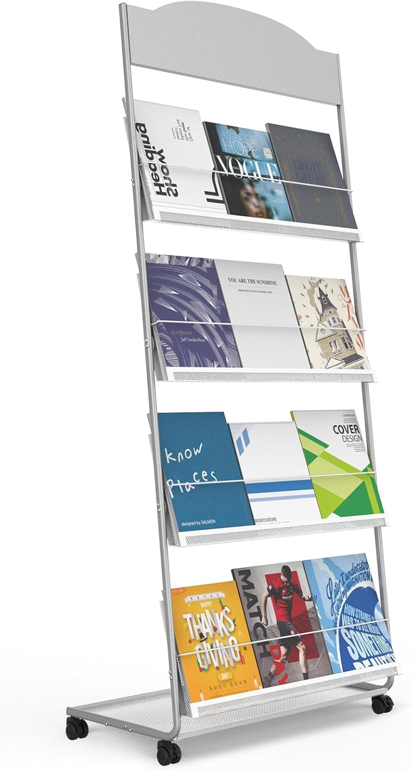 Floor-Standing Magazine Rack 4-Layer with Wheels, Semi-arched top Brochure Display Stand, High-hardness metal for Exhibitions, Office, and Any Organization Requiring Information Display (Arc-Sliver)