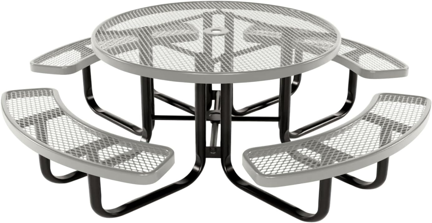Heavy-Duty Portable Outdoor Kids Table with Umbrella Hole, Expanded Metal Kids Picnic Table, Commercial-Grade, Made in America (46 in, Round, Childrens, Textured Grey)