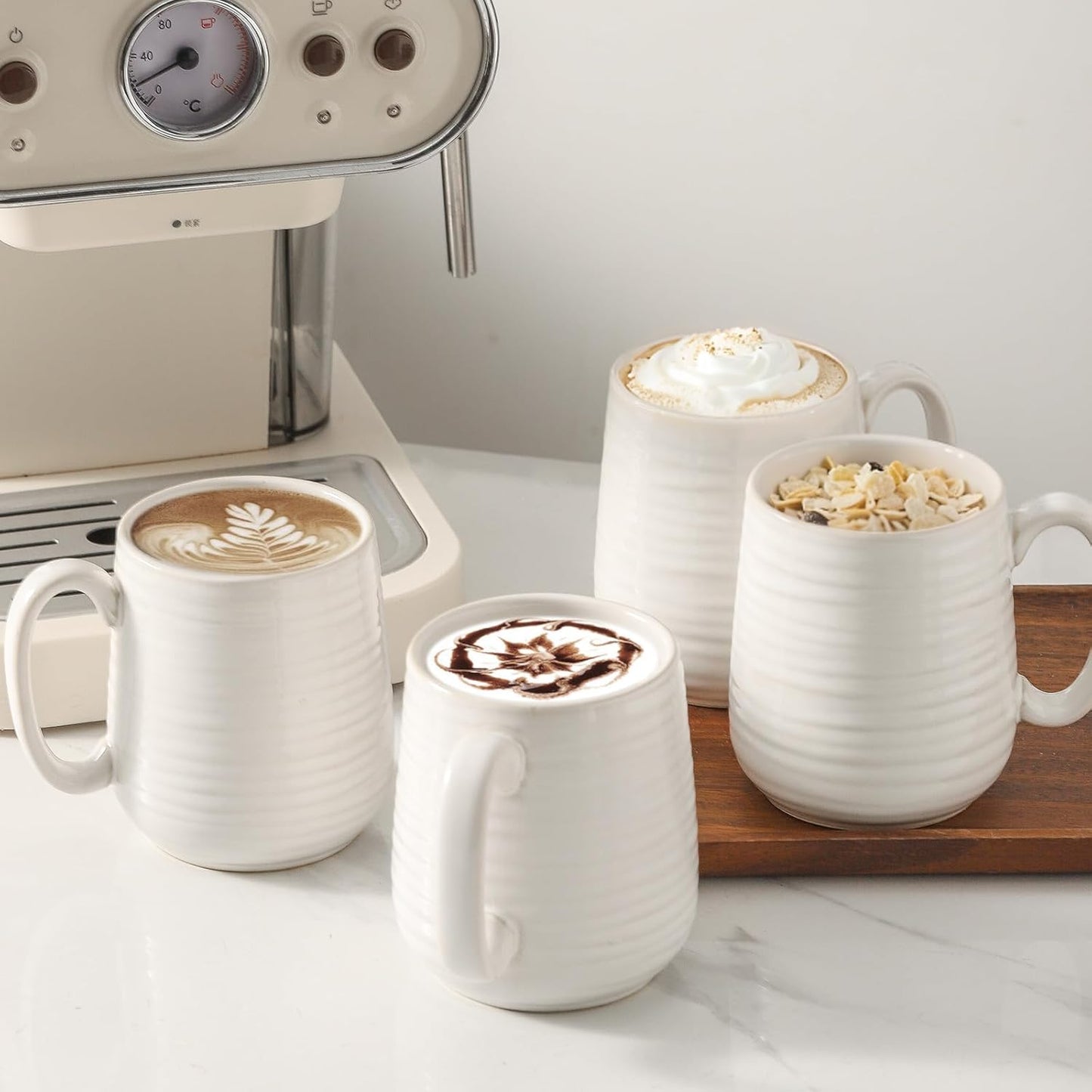 Hasense Coffee Mugs Set of 4, 15 Ounce Porcelain Latte Mug Set with Handle for Morning Coffee Tea and Cocoa, Ceramic Coffee Cups with Unqiue Glaze for Men, Women, Plain