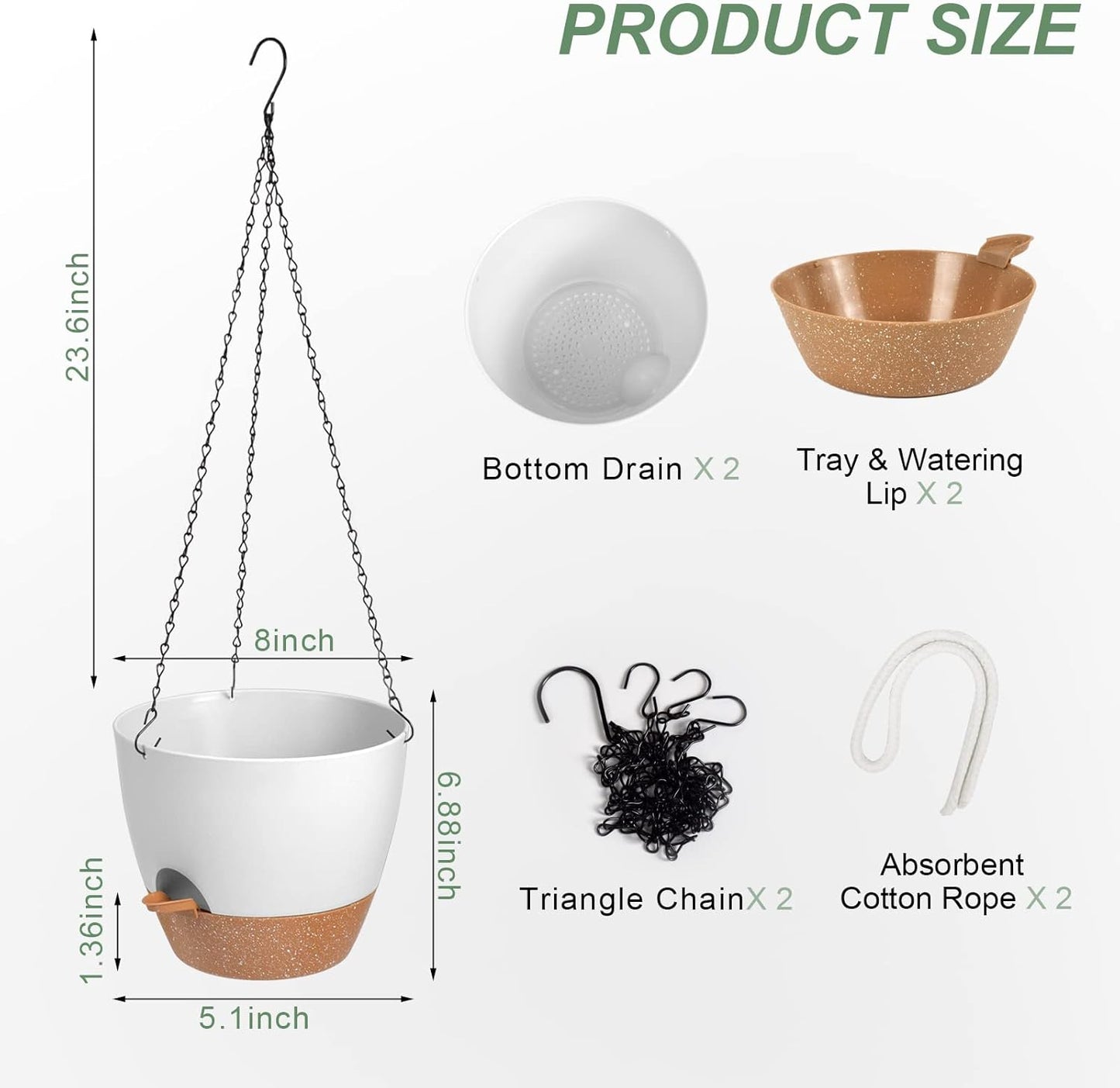 Hanging Planters for Indoor Outdoor Plants, 2 Pack Self Watering Hanging Pot with Drainage Holes & Removable Tray (White, 8'')