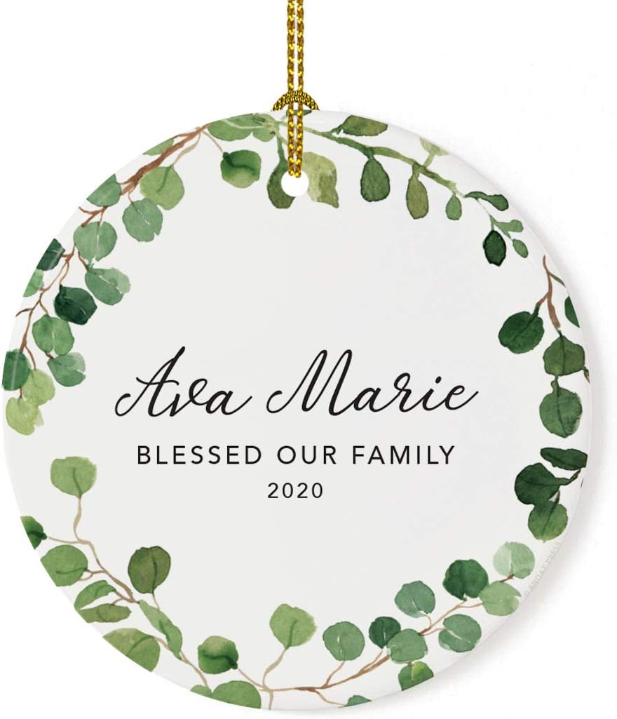 Andaz Press Personalized Round Ceramic Porcelain Christmas Ornament Keepsake Adoption New Baby Gift, A Blessing from God, Ava Marie Carter Adopted 2025, Farmhouse Eucalyptus Wreath, 1-Packs