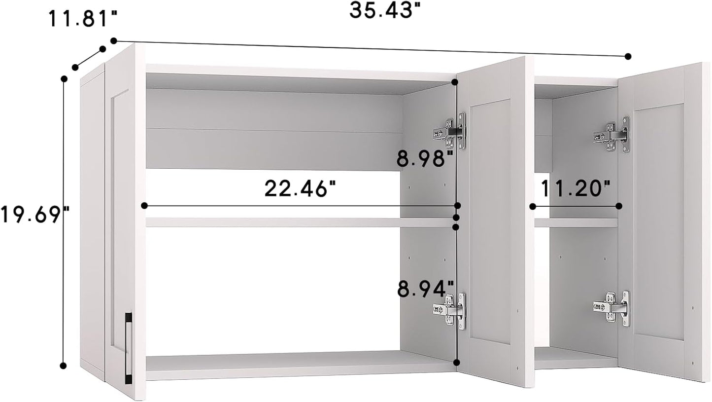 White Laundry Room Cabinets and Storage with 3 Doors and Utility Adjustable Shelf，Gabinetes Para Cocina Cupboard Kitchen Organizers and Storage Pantry Wall Mounted 12.4"D x 35.4"W x 19.7"H