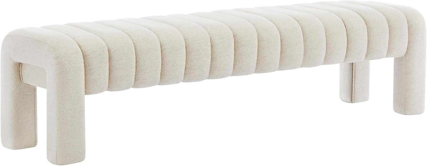 63" Bedroom Bench, Upholstered Entryway Bench, Modern End of Bed Ottoman with Solid Wood Legs and Adjustable Foot Pegs for Entryway, Dining Room and Living Room (Beige Linen)