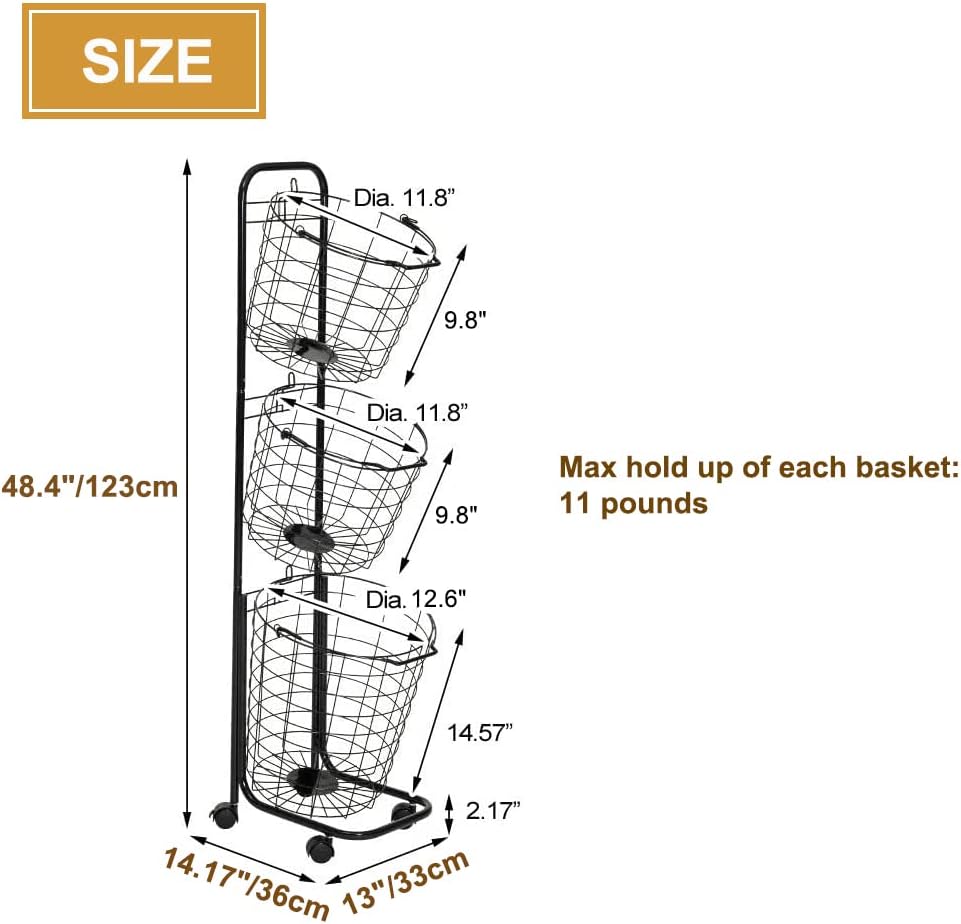 3 Tier Laundry Basket with Rolling Lockable Wheels Wire Metal Sorter Storage Trolley Shelf Basket Durable Metal Sorter Clothes Storage Trolley Shelf with Removable Hamper for Organizing Clothes